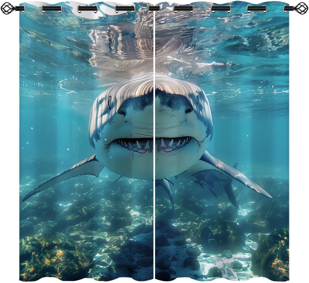 Shark Blackout Curtains for Girls Boy Home Decor, Ocean Underwater World 3D Sea Animal Grommet Thermal Insulated Drapes Darkening Window Curtain for Bedroom Living Room, 55 x 63 Inch
