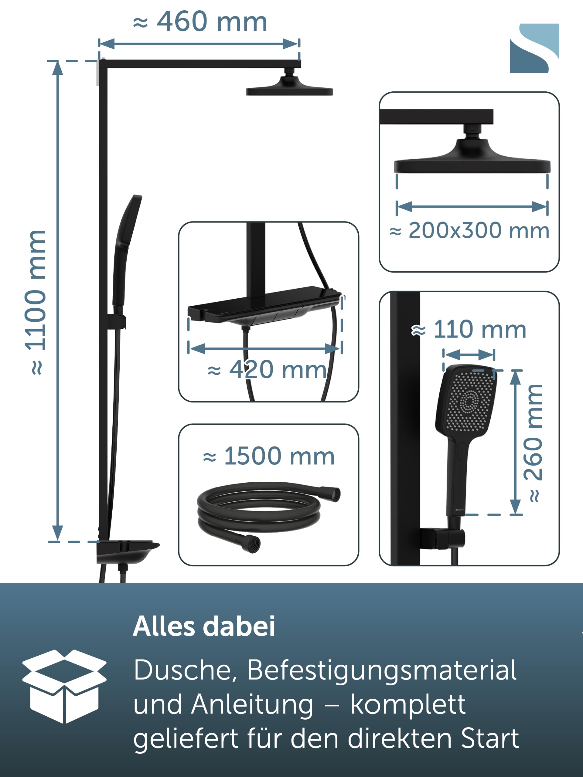 Schütte HAWAII Duschsystem mit Thermostat und Glasablage, Duschset mit 30x20cm Kopfbrause, Regendusche mit Wandhalterung und Duschkopf, Duschpaneel Duschsäule, Schwarz