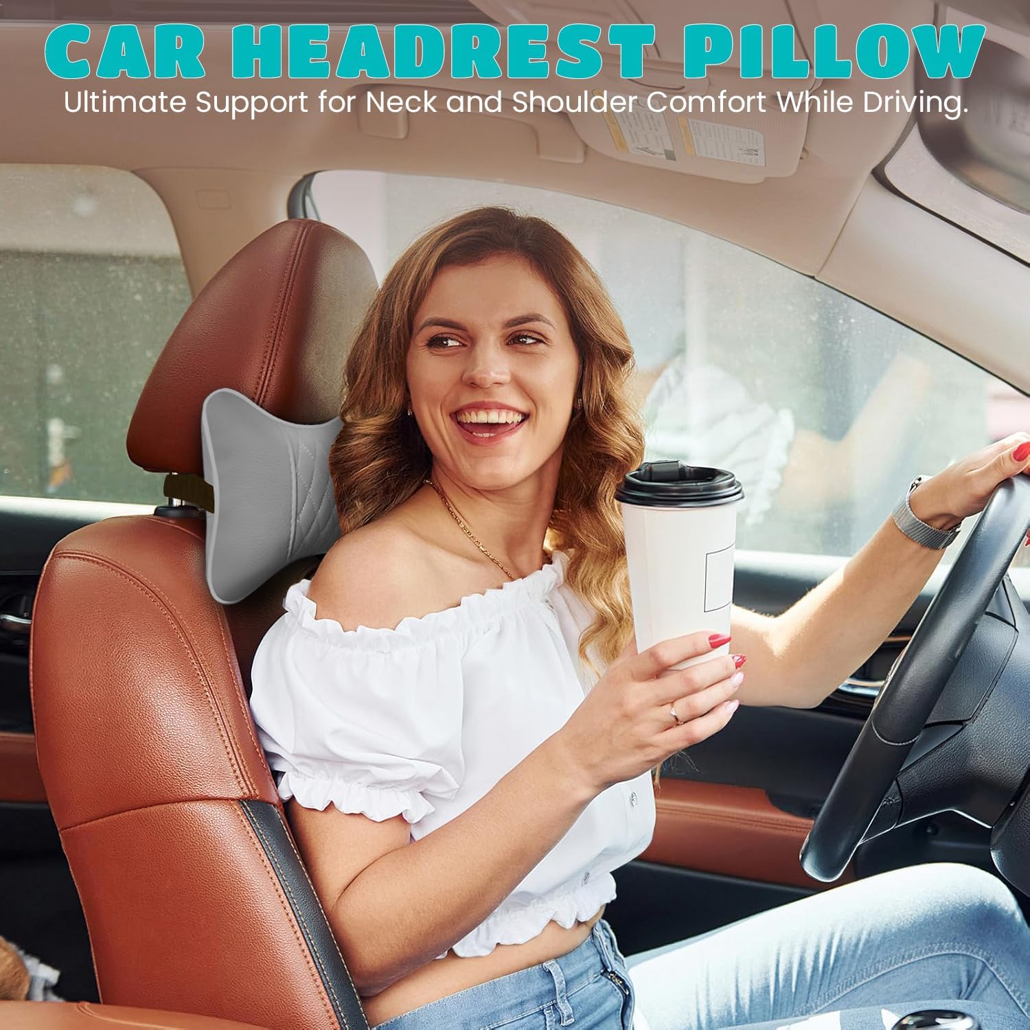 Set of 2 Quilted Faux Leather Car Headrest Pillow, Gray Case/Gray Threading, Ergonomic Neck Support for Comfortable Driving