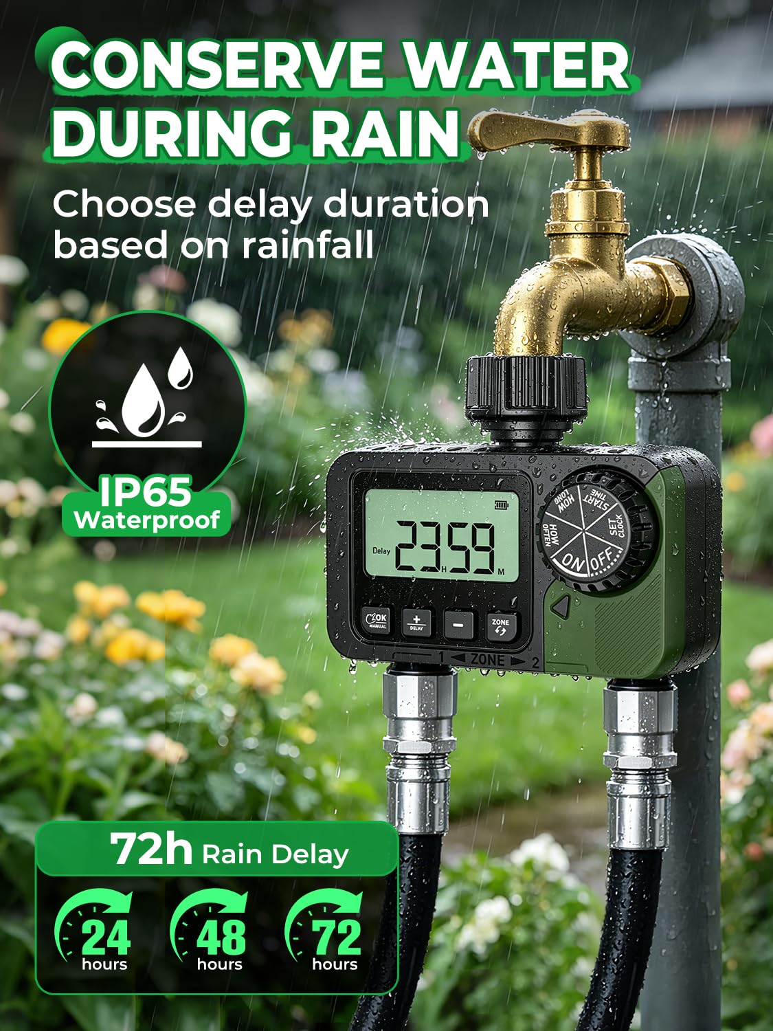 Temporizador de aspersor de 2 tomas, temporizador programable de manguera de agua con retardo de lluvia/sistema de riego manual/automático, riego automático digital al aire libre para jardín, patio