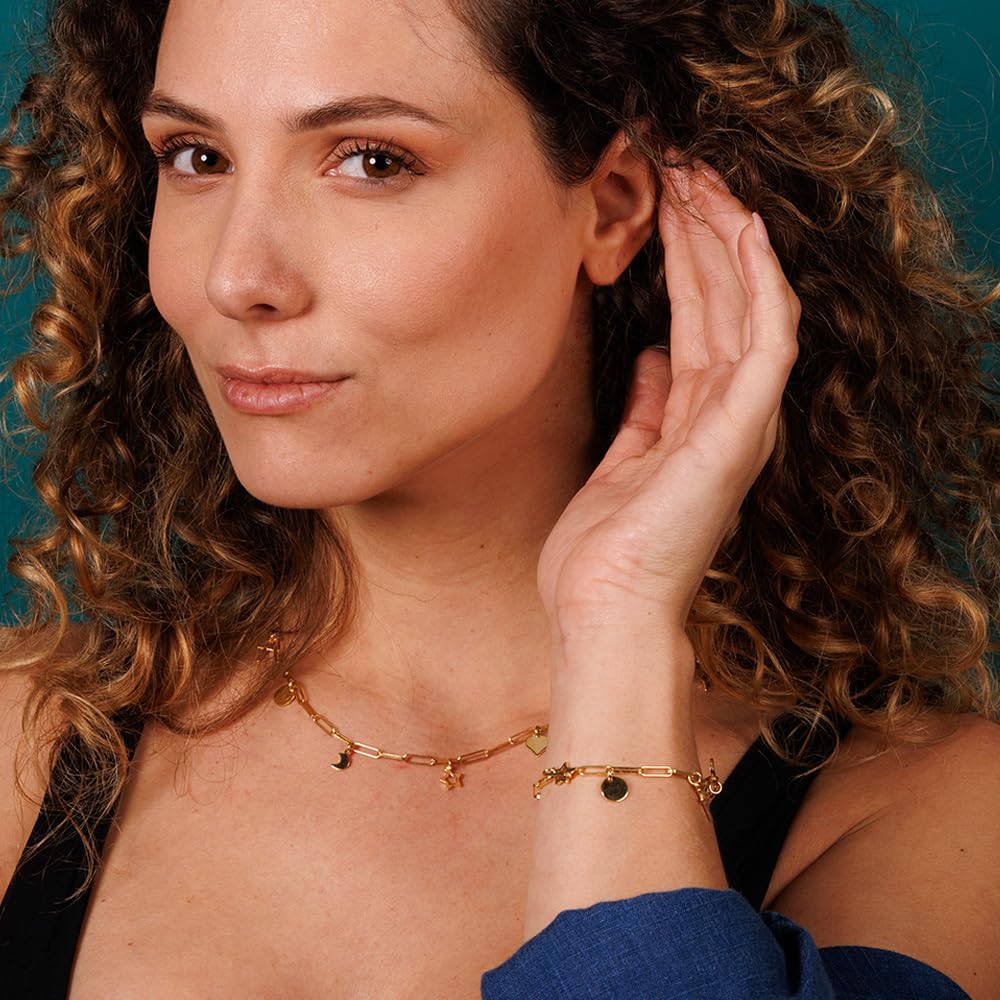 Linea Italia Gioielli - Pulsera de Plata 925 Bañada en Oro con Cadena y Colgantes de Corazón, Estrella, Cruz, Luna y Medalla - Joya Certificada Made in Italy