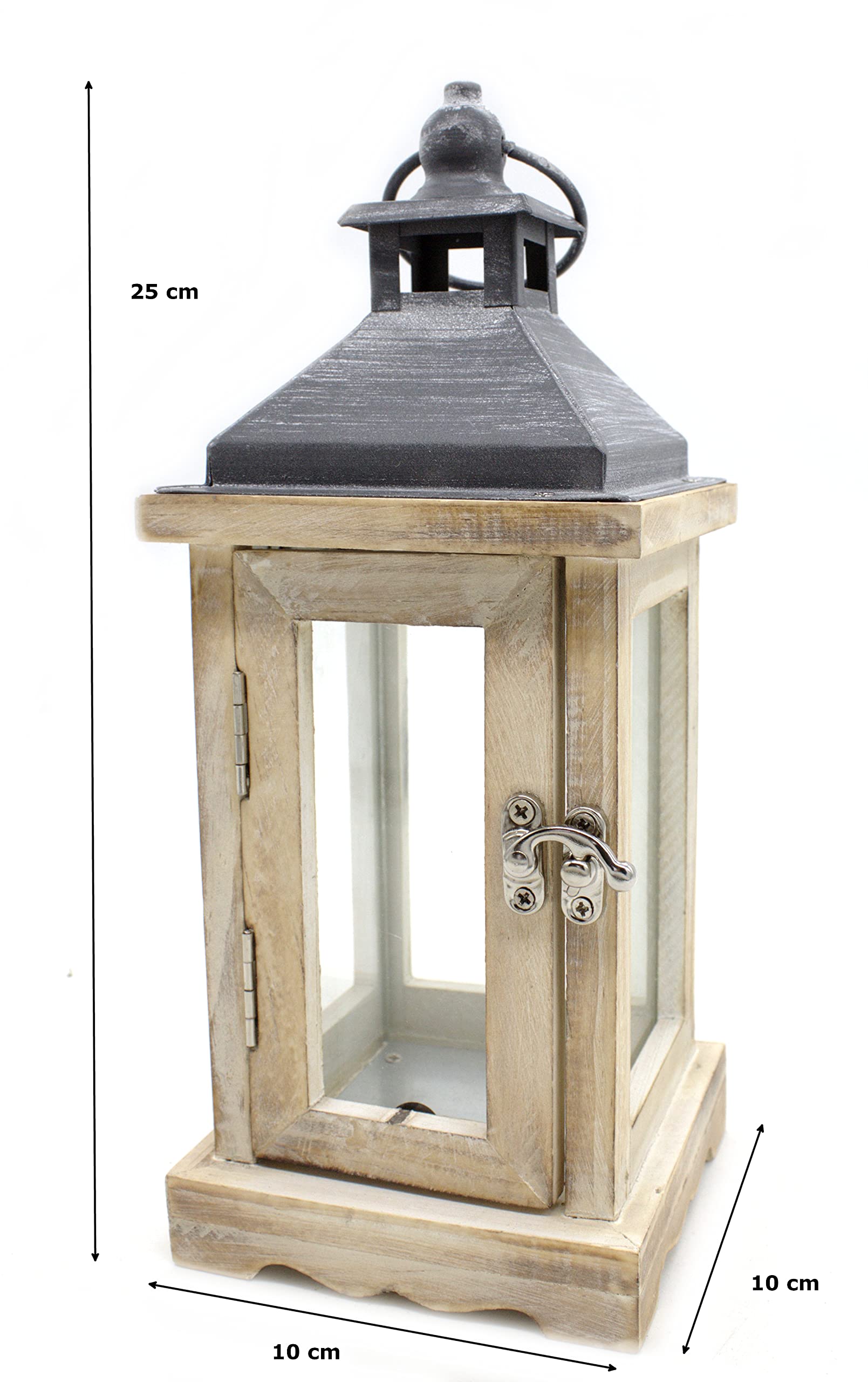 DARO DEKO Holz Laterne mit Echt-Glas Scheiben braun schwarz 10cm x 10cm x 25cm