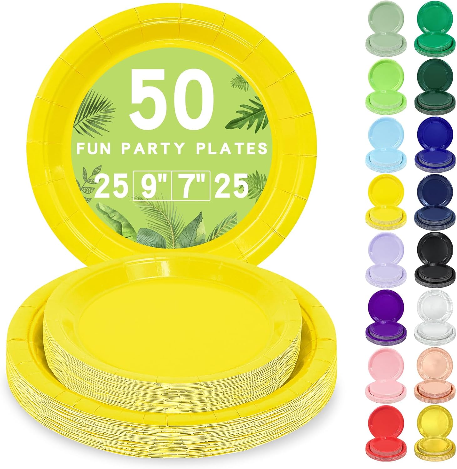 50 Yellow Paper Plates Disposable, 25-9" & 25-7" Disposable Birthday Cake Dessert Plates For Baby Shower, Easter Party Supplies