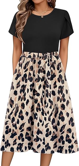 ZEAGOO Sommerkleid Damen Elegant Kleider Kurzarm Rundhals Midikleid A-Linie Blumenkleid Casual Tunika Kleid Hohe Taille Strandkleid mit Taschen S-XXL