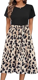 Zeagoo Summer Dress Women's Elegant Dresses Short Sleeve Crew Neck Midi Dress A-line Flower Dress Casual Tunic Dress High Waist Beach Dress with Pockets S-XXL