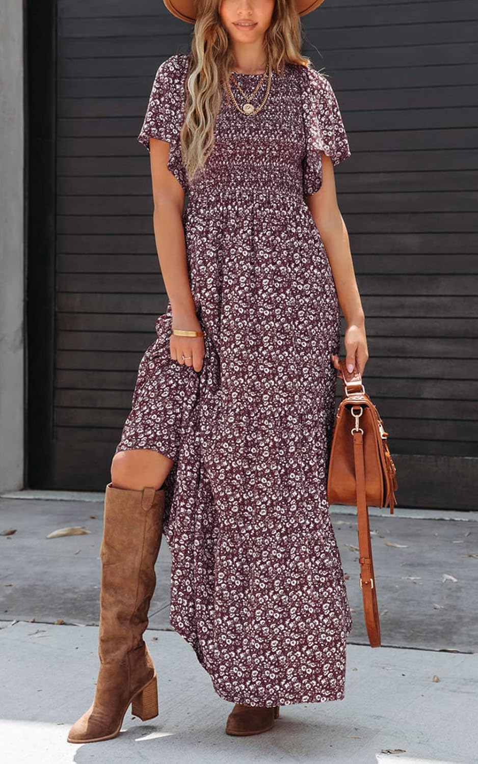 PRETTYGARDEN Women's 2026 Spring Casual Flutter Short Sleeve Boho Floral Maxi Dress Crew Neck Smocked Tiered Long Dresses - Image 2