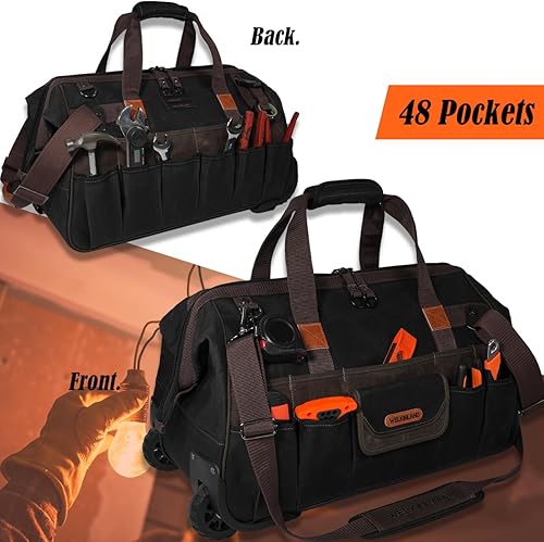 Miniatura 6 de WELKINLAND Bolsas de herramientas de 48 bolsillos con ruedas, Bolsa de herramientas rodante de 22 pulgadas, Bolsa de herramientas de lona encerada
