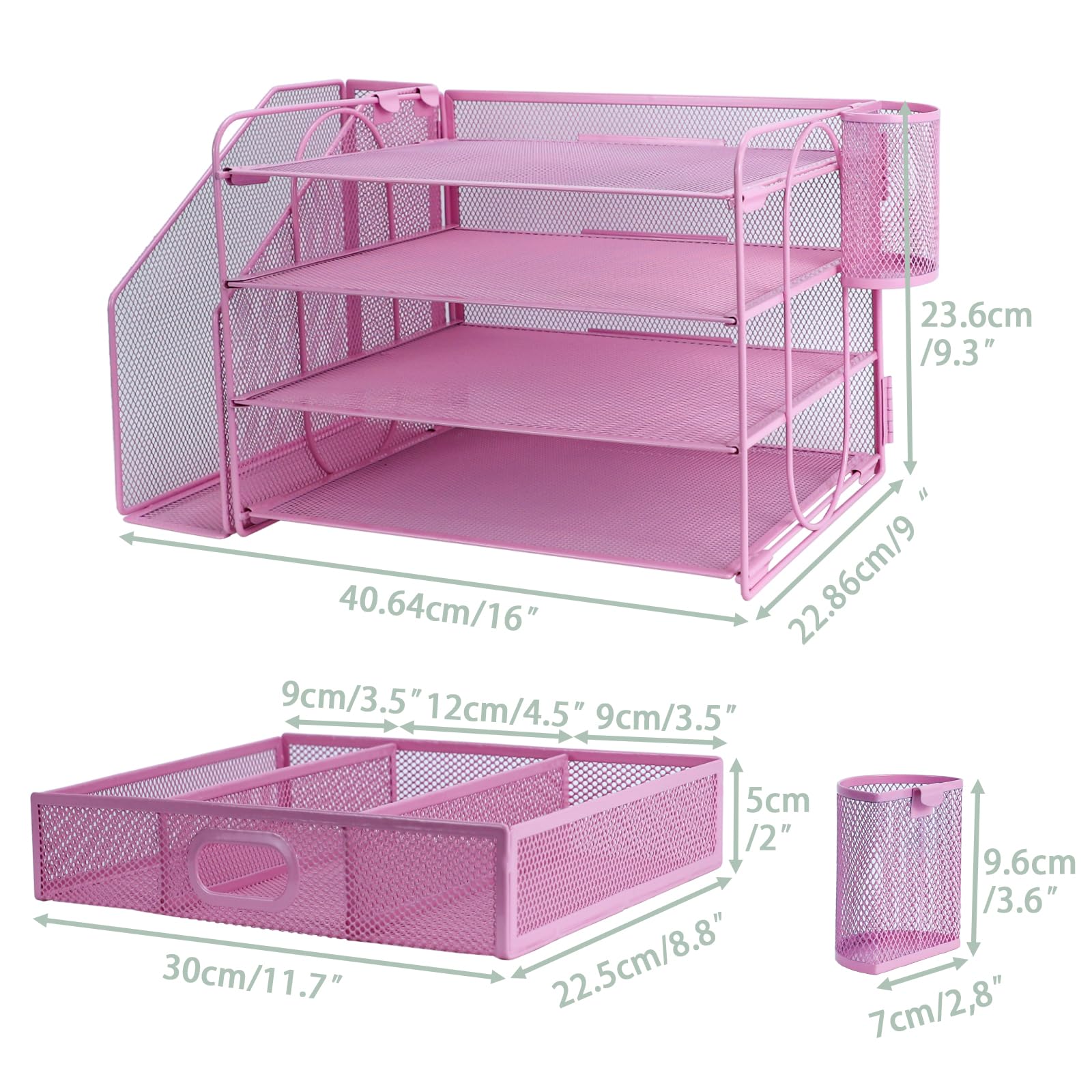 3 Tier Desk File Organiser with Extra Vertical File Sorter, Paper Letter Tray with Top Stationery Drawer Holder, A4 Paper Desktop Filing Trays, Magazine Document Holder for Home Office, Pink - Image 2