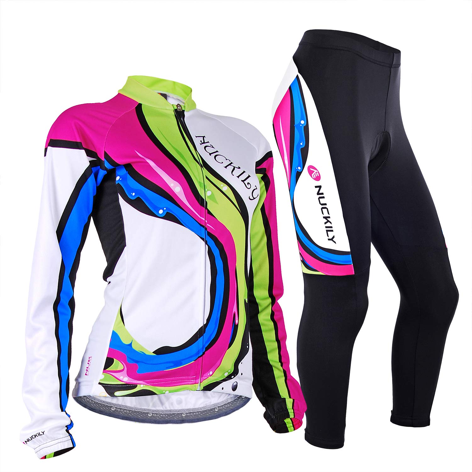 NUCKILY Women's Long Sleeve Padded Pants Cycling Jersry Suit Bicycle Clothing Set with 4 Pockets