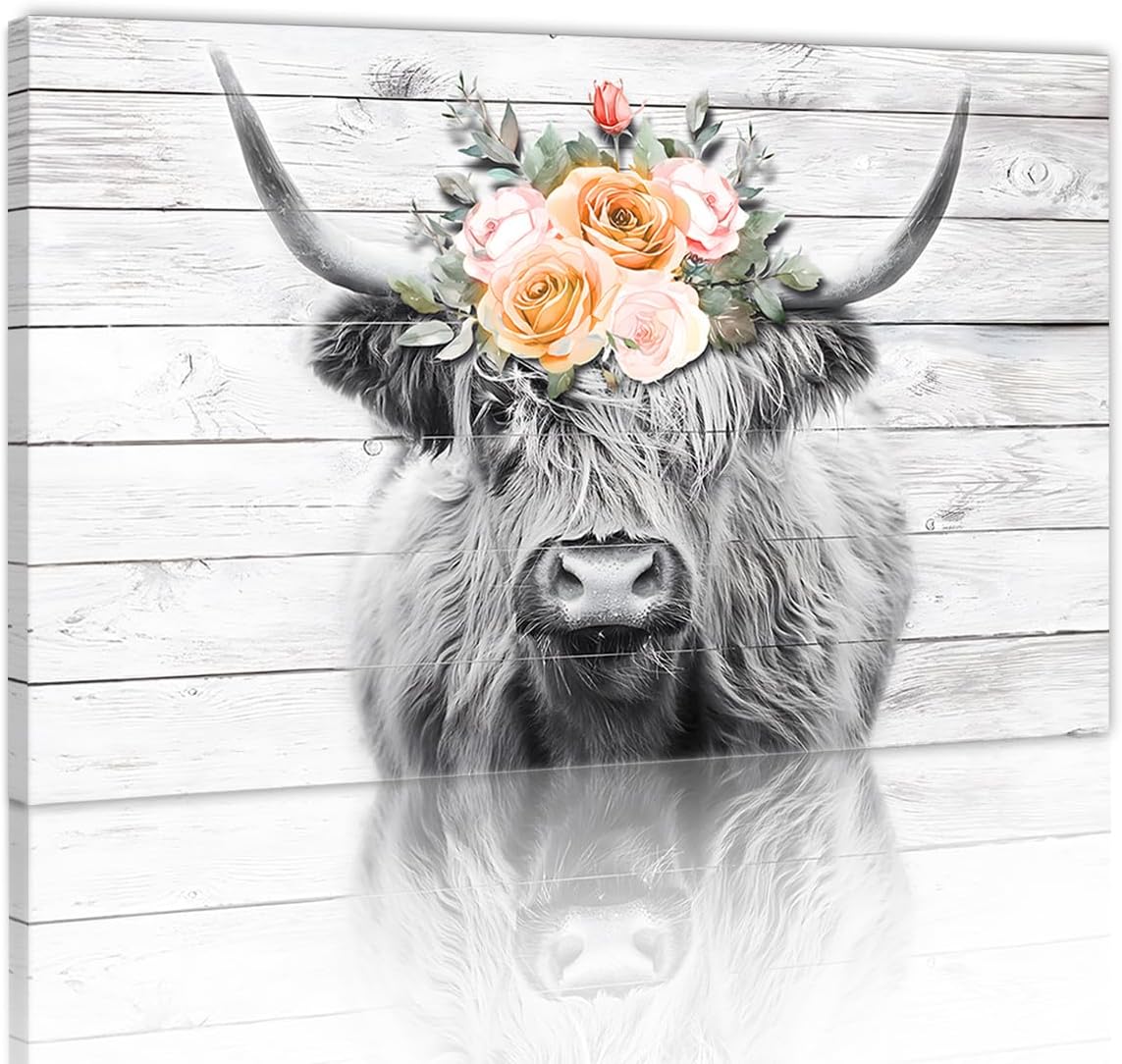 Yatsen Bridge Highland Cow Wall Art,Flowers and Pictures Decor Artwork Cute Long-Haired Cattle Posters Canvas Prints Painting Living Room Home Office Decoration Framed Ready to Hang - 12x16 Inches