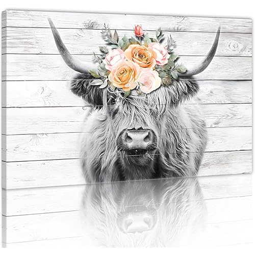 Yatsen Bridge Highland Cow Wall Art,Flowers and Pictures Decor Artwork Cute Long-Haired Cattle Posters Canvas Prints Painting Living Room Home Office Decoration Framed Ready to Hang - 12x16 Inches