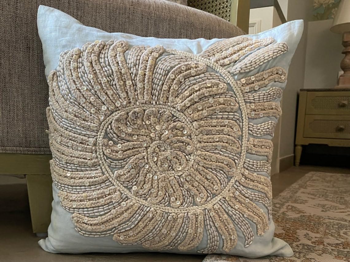 Decorative Euro Sham Cover Light Blue European Shams 26x26 inch Linen Euro Pillow Shams, Sea Creatures, Shell, Sea Creatures, Thyme, Pearl, Beach Size - Swirl Twirl