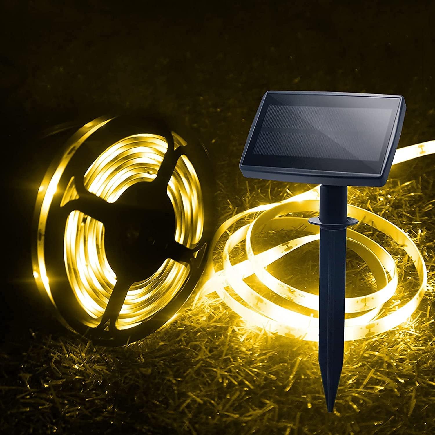 5m Solar Strip Lights Outdoor Waterproof, Auto ON/Off, 2 Modes, Flexible and Cuttable, Self-Adhesive, 150 LED Lights Strip for Window Cabinets Stairs Roof Patio Walkway Fence Decor (Warm White) [Energy Class A++]
