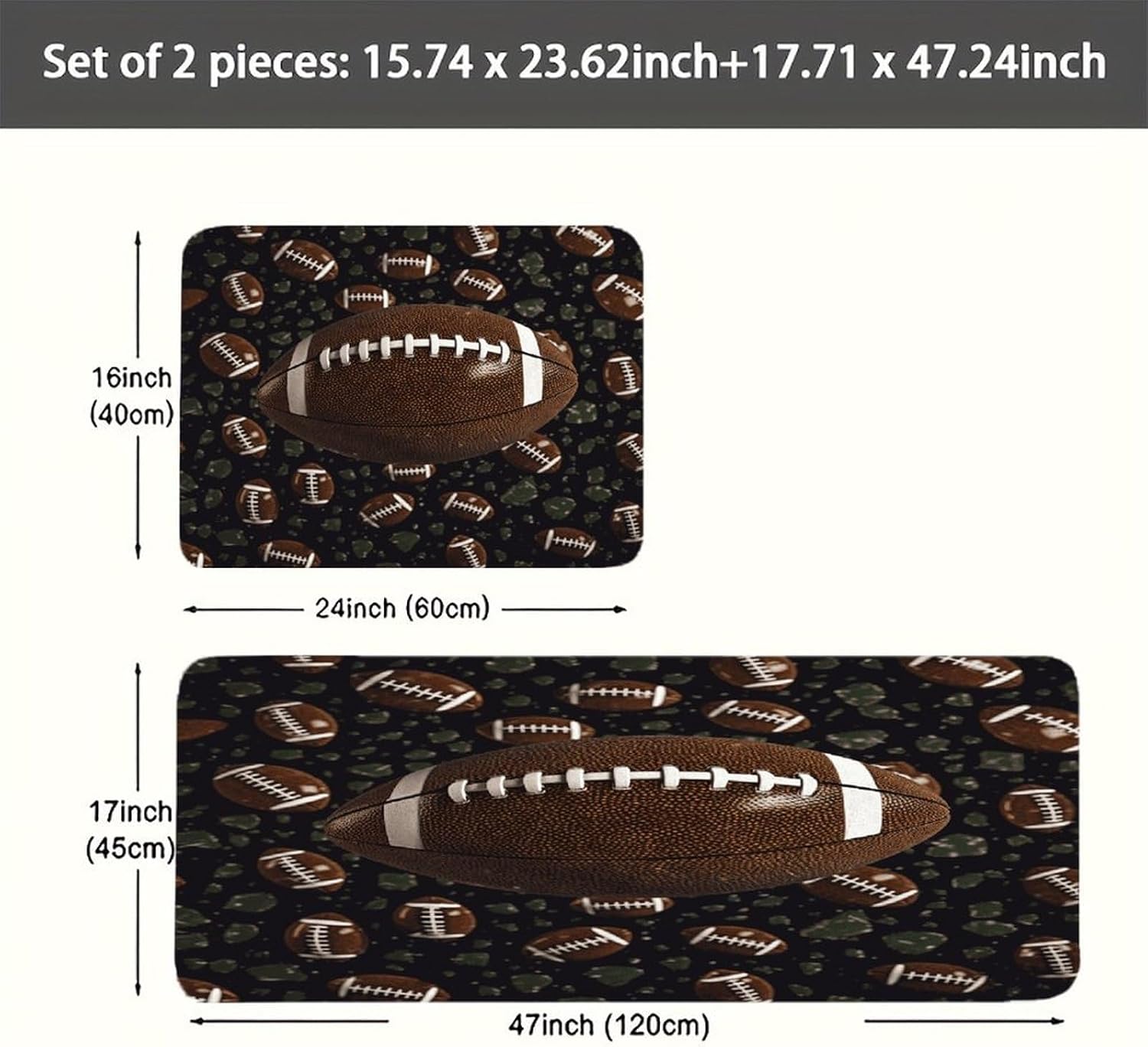 Football Green Kitchen Mats with 2PCS Non-Slip Washable,Kitchen Rug Heavy Duty Durable, Floor Mats for Kitchen,Office,Sink,Laundry