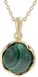 Malachite Necklace - 14K Gold Plated over 925 Sterling Silver, Dainty 12mm Natural Stone, Genuine Dark Green Malachite Gem...