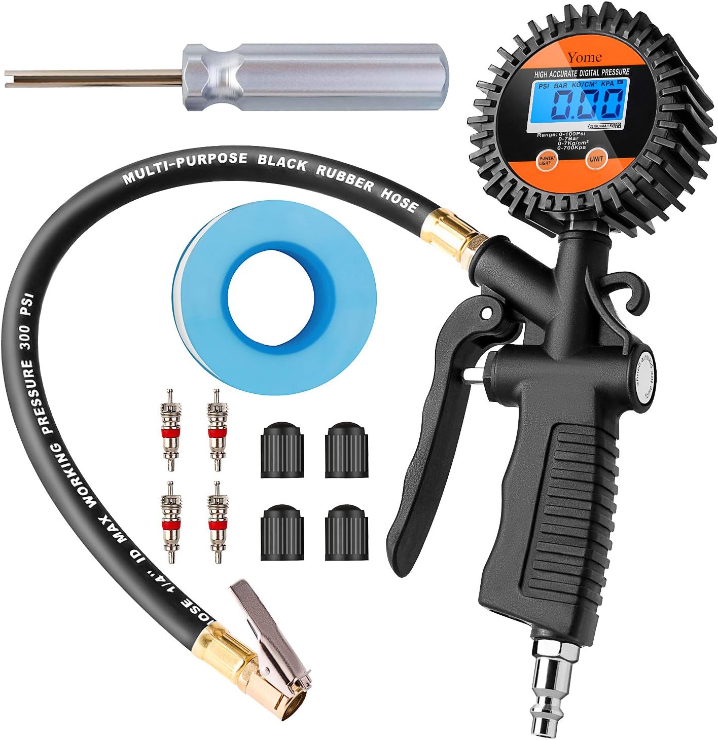 Yome Digital Tire Pressure Gauge 100 PSI Air Chuck Inflator and Compressor Accessories Heavy Duty Accurate with Rubber Hose, Quick Connect Coupler and Backlit LCD Display, Car, Truck, Auto Tool