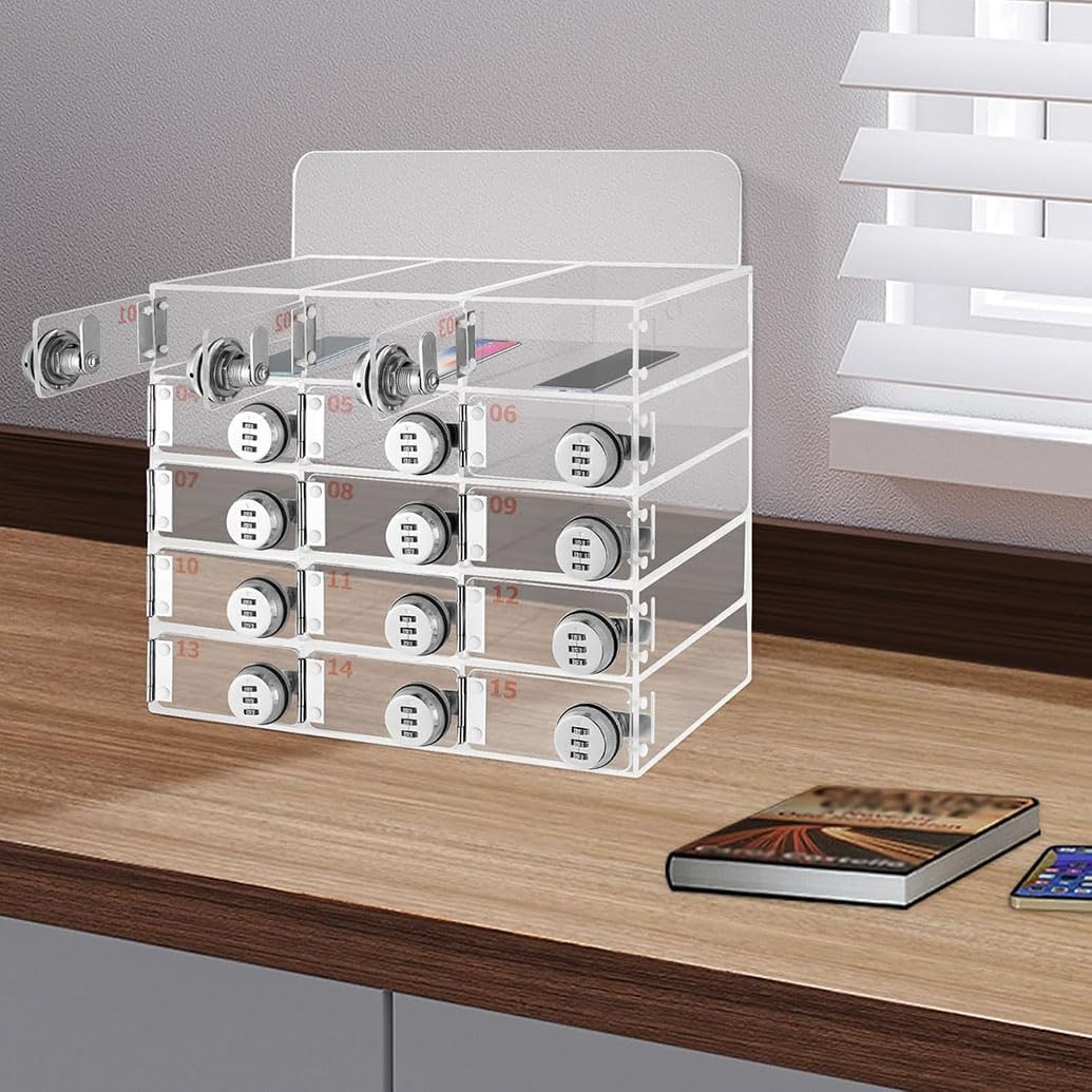 15 Slots Acrylic Cell Phone Storage Locker with Combination Lock, Wall-Mounted Clear Phone Storage Organizer Box Cell Phone Jail Lock Box Secure Phone Storage for Employees Classroom