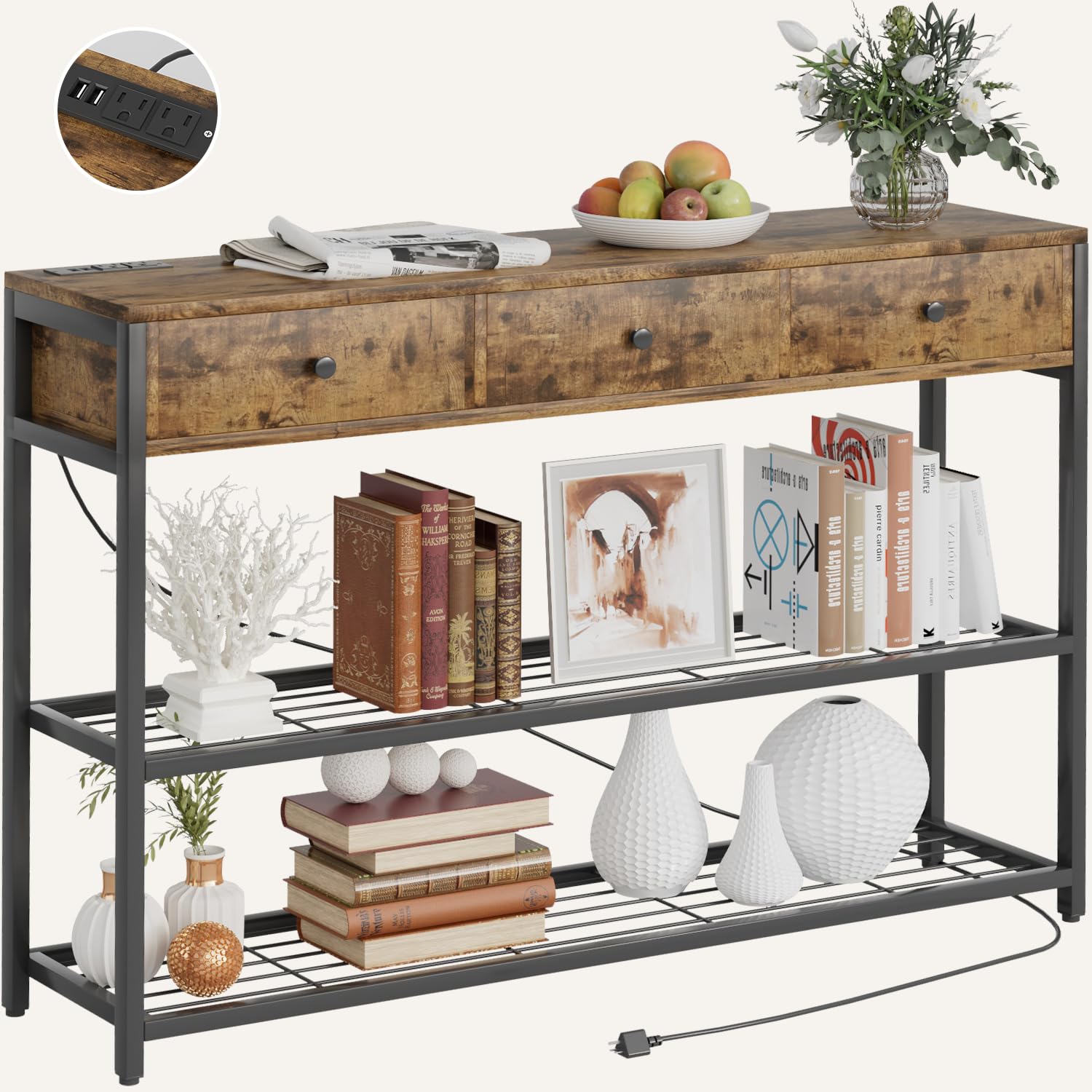YESHOMY Console Sofa Table with Power Outlet, 3 Drawers, Metal Shelves, for Living Room, Hallway, Entryway, Rustic Brown