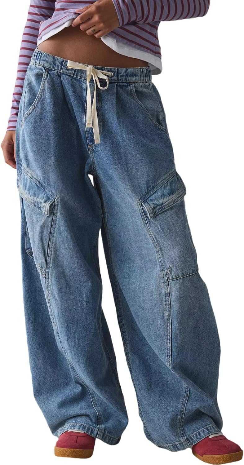 yoeasy Womens Baggy Wide Leg Jeans Drawstring Elastic High Waisted Boyfriend Streetwear Vintage Loose Denim Pants