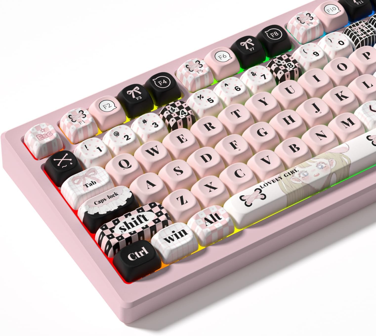 MOA Profile PBT Keycaps,132 Keys Cute Style Keycap Set with Cute Icons, Dye-Sublimation, MOA Profile,Black Pink Theme for Most 60% 65% 75% 80% 100% US Layout Cherry MX Switches Mechanical Keyboard
