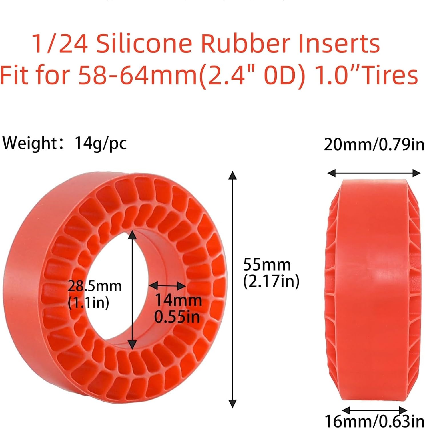 1.0 RC Silicone Rubber Insert Foam Fit 58-64mm 1/24 Crawler Wheels Tires Super Soft Waterproof 55 x 20mm for 1:24 1:18 Crawler Car Traxxas TRX4M SCX24 FCX24 AX24 Upgrades 4PCS (Red)