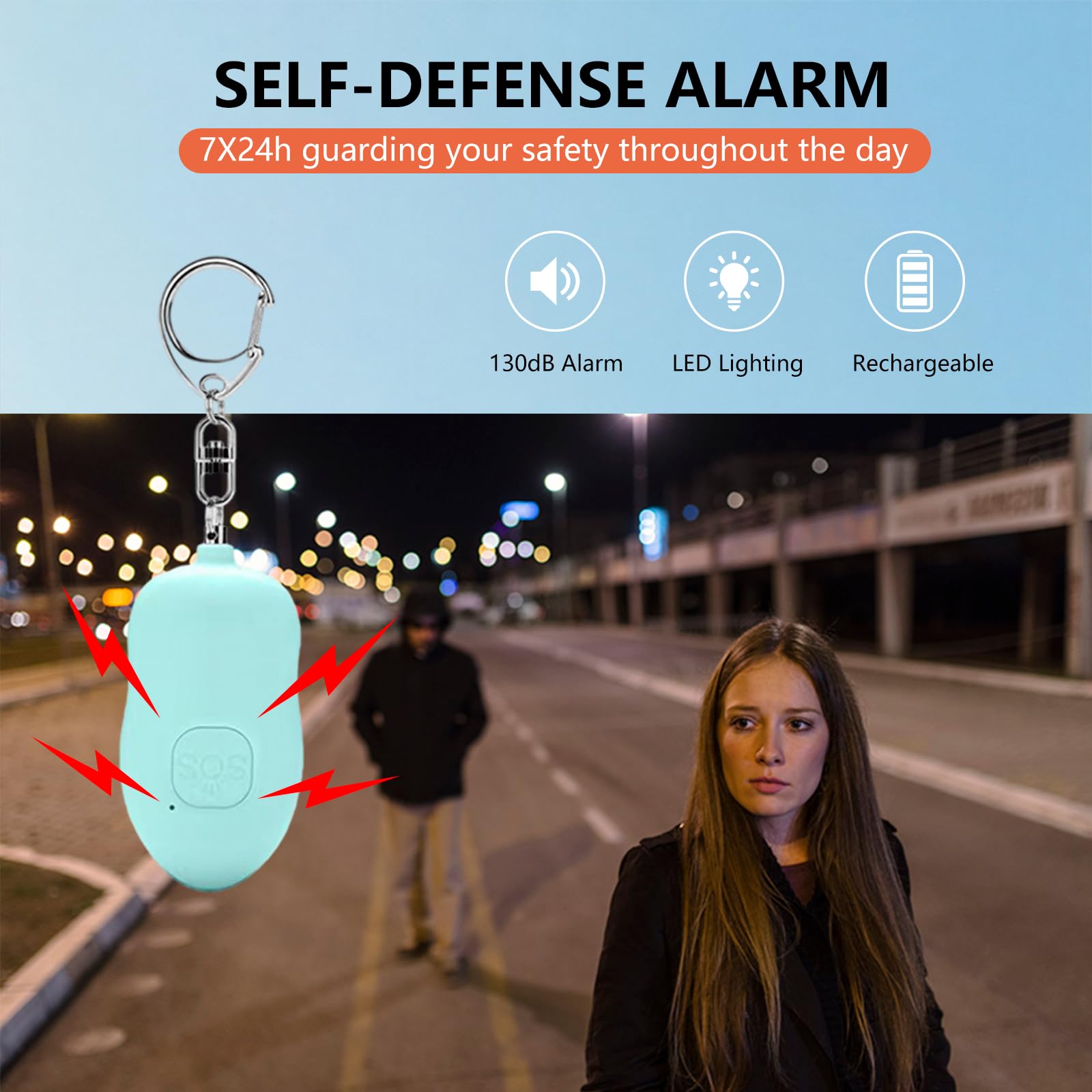 Alarma personal recargable de 130 dB, paquete de 2 alarmas de seguridad SOS con carga USB tipo C, luz LED para mujeres y ancianos, llavero de sirena de seguridad, alarma de autodefensa