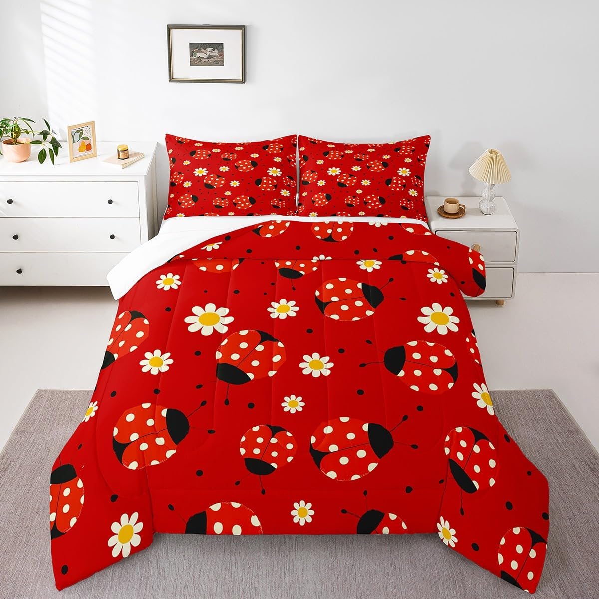 Manfei Ladybug Comforter King for Kids Adults Youth,Boho Daisy Red Black Polka Dot Quilt Comforter Room DecorWatercolor Flowers Cartoon Quilted Duvet Duvet Insert,2 Pillowcases