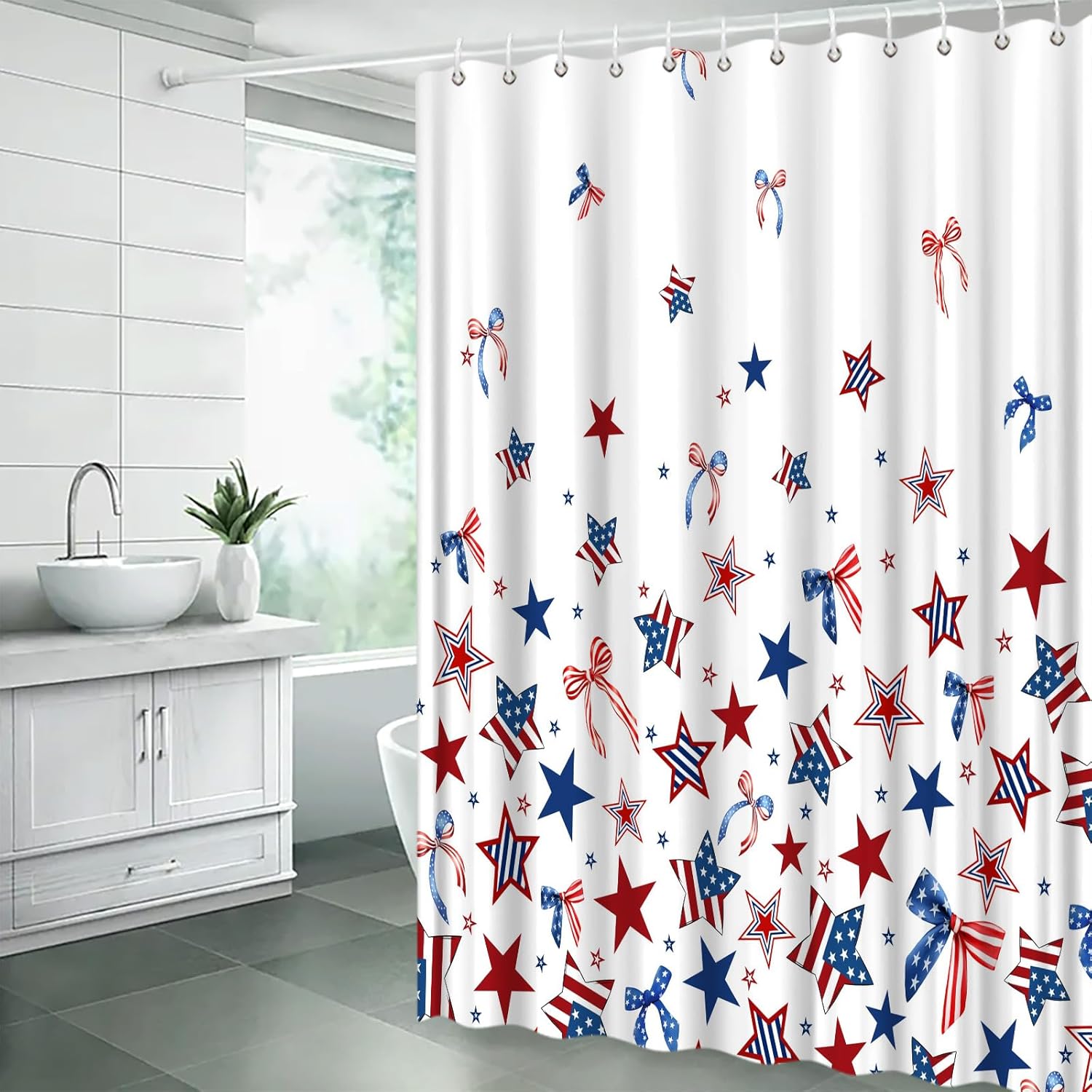 4th of July Shower Curtain Red Blue White Bow with Stars Patriotic Independence Day American Fabric Bathroom Decor Sets with Hooks,71W x96H