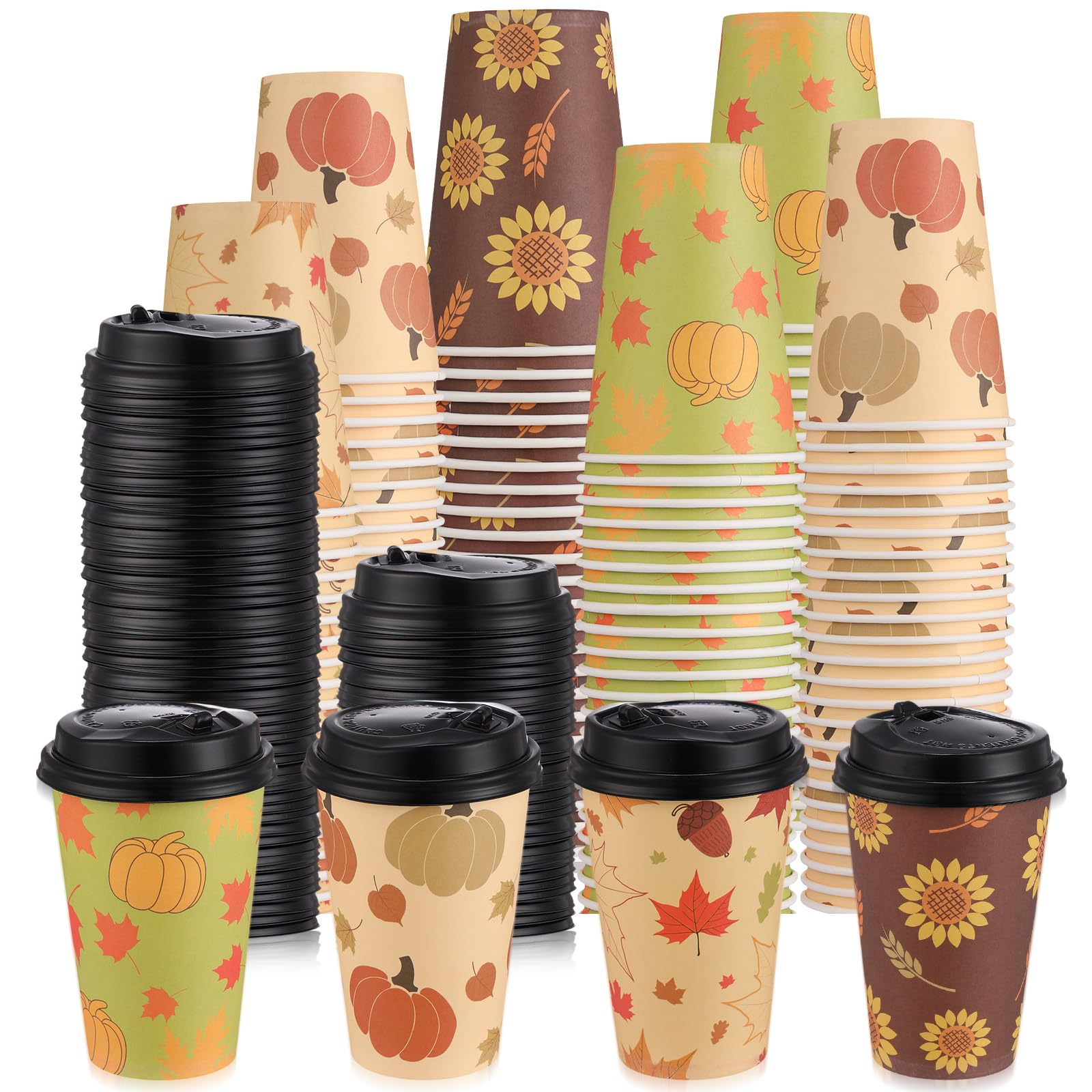 Zopeal 100 tazze da caffè usa e getta con coperchio, 350 ml, in carta, 4 motivi autunnali, graziose tazze per tè caldo, bevande, acqua, succo, cena, cena, matrimoni, eventi, decorazioni per feste del