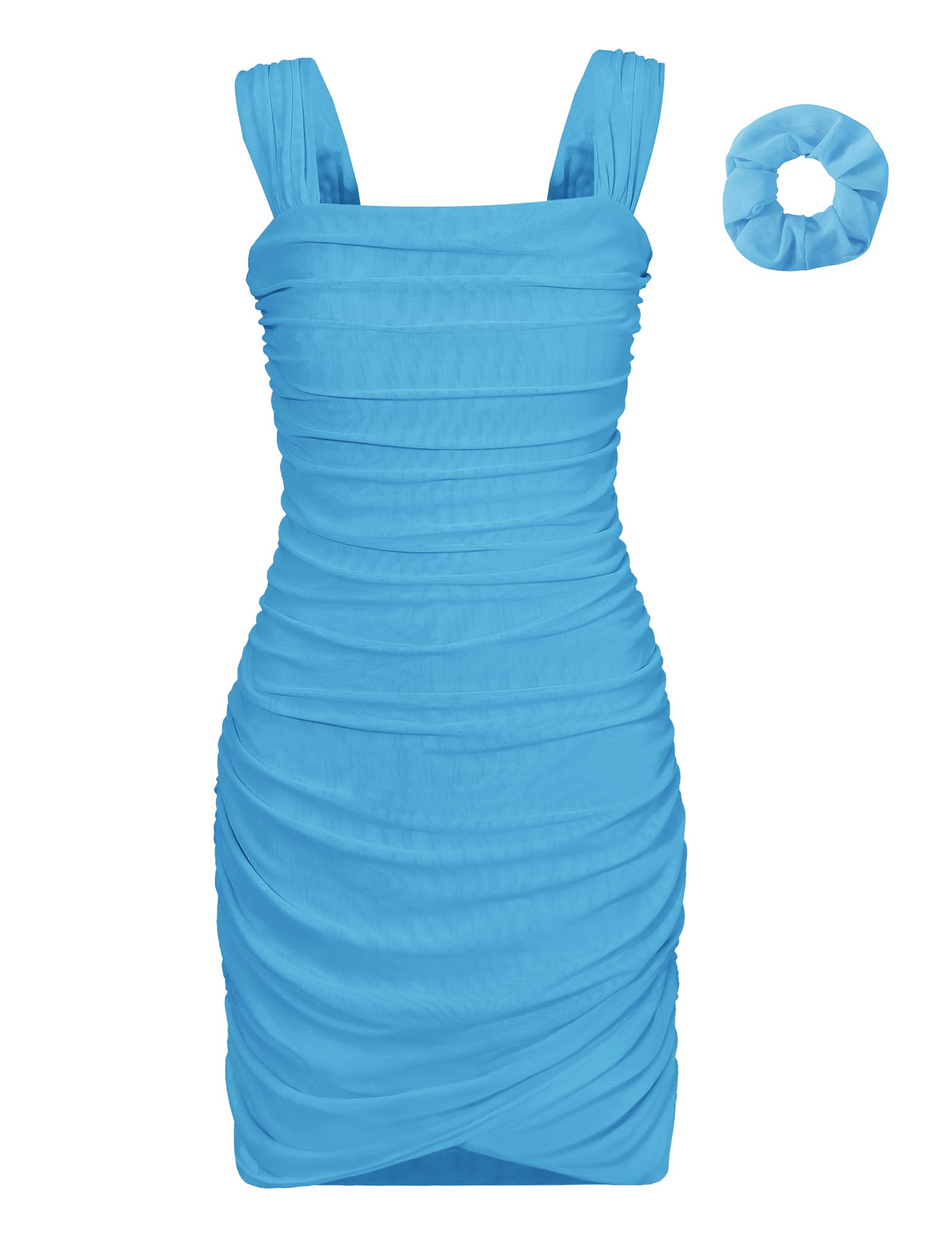 EXARUS Girls Dresses Ruched Bodycon Mesh Tight Pencil Short Slim Fit Soft Comfy Square Neck Front Wrap Hem Sleeveless Strap Mini Tank Dress with Built in Bra Party Dance Homecoming Blue 14Y