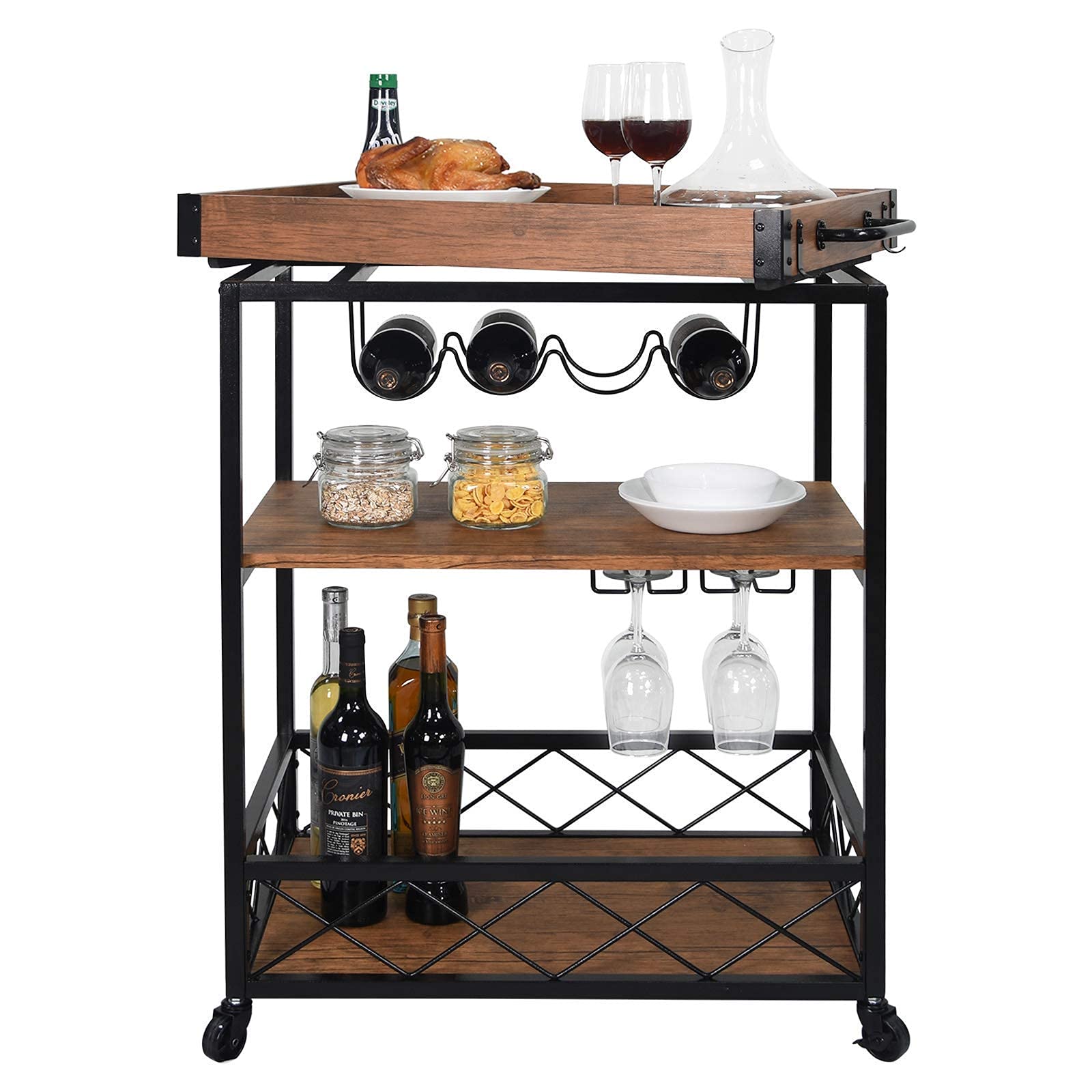 Usinso Industrial Kitchen Serving Carts Rolling Bar Cart with 3 Tier