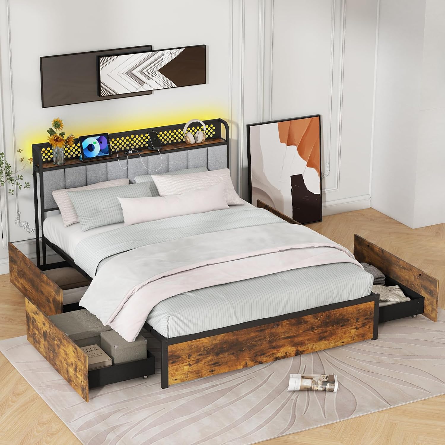 KOMFOTT Industrial LED Queen Bed Frame with 4 Storage Drawers & Charging Station, Metal Platform Bed Frame with Upholstered Headboard & Remote Control, Mattress Foundation, No Box Spring Needed