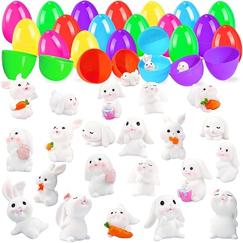 48Pcs Easter Eggs Filled with Bunny,24Pack Eggs with Mini Rabbit Figurines,Prefilled Easter Eggs with Toys for Easter Hunt Eggs,Easter Basket Stuffers,Kids,Party Favors,Gift