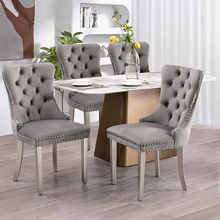 SoarFlash Sillas de Comedor en Terciopelo, con Espaldar ala Acolchado, Remaches de Clavos, Forro Remachado, Aro Decorativo Trasero y Patas de Plata, Juego de 4, Gris