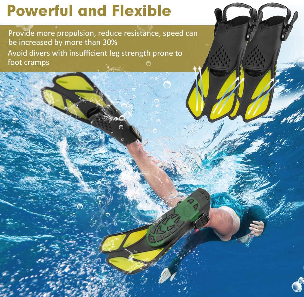 Schwimmflossen, Schnorchelflossen, Schnorchelausrüstung, Schwimmflossen zum Schwimmen, kurze Tauchflossen, Reisegröße, mit Netztasche, extra Flossenriemen, offene Ferse, verstellbar