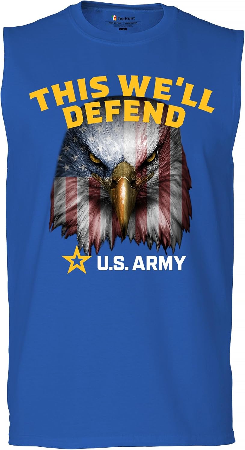 This We'll Defend Muscle Shirt US Army American Flag Eagle DD 214 Veteran Military Pride Patriotic Licensed Men's