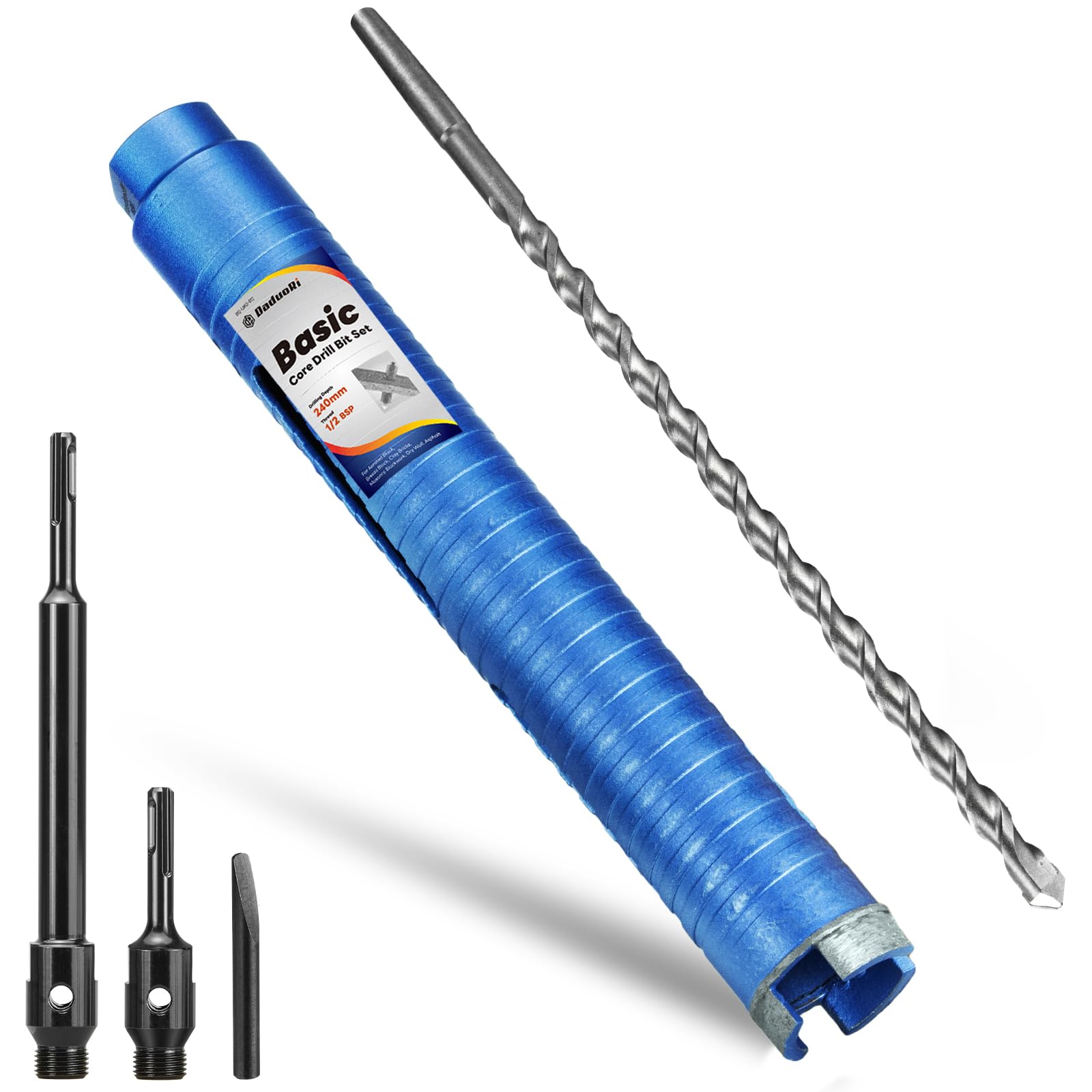 DaduoRi 38mm x 240mm Long Core Drill Bit Set with 240mm,110mm SDS Plus Adaptor & Centre Pilot Bit,Diamond Core Drill Set for Brick Block Masonry Stone,1/2 BSP Thread — image 1
