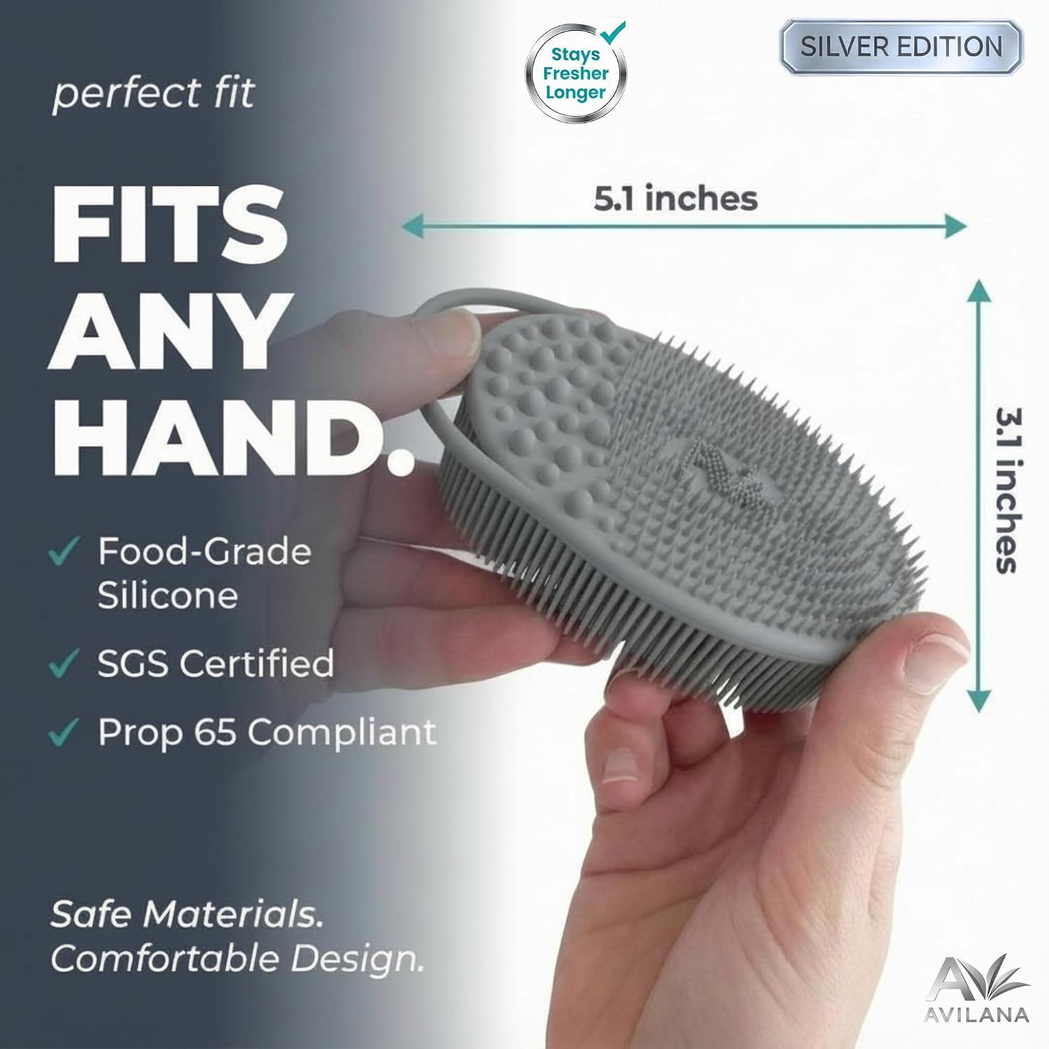 Avilana Silicone Body Scrubber for Shower – SGS Certified Food Grade Dual Sided Bath Brush, Gentle Exfoliating Silicone Loofah Alternative, Sensitive Skin Body Brush (Gray-Silver, Exfoliate) image 5