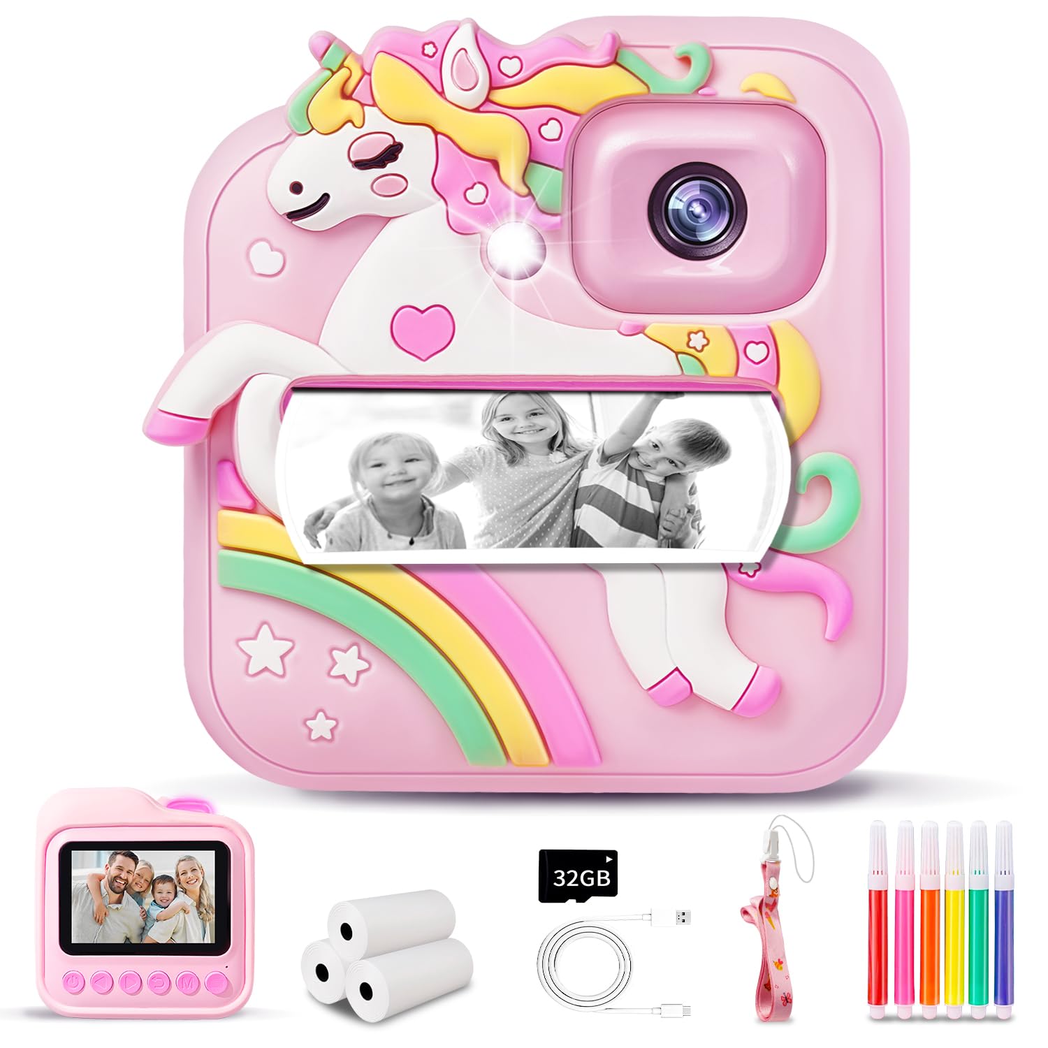 E-WOR Kinderkamera Sofortbildkamera 1080P Digitalkamera mit 32GB Karte & Druckpapier Rosa