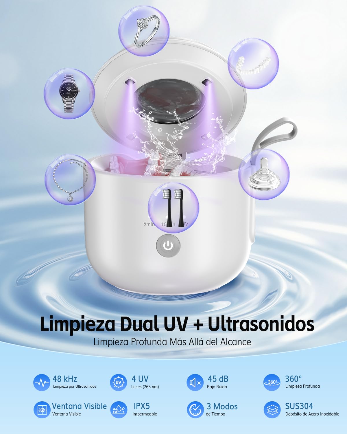 Jeatone Limpiador ultrasónico inalámbrico de 48 kHz, 125 ml, limpiador ultrasónico de prótesis con luz U-V para aparatos ortopédicos, cabezales de cepillo de dientes, joyas, 3 modelos, diseño portátil