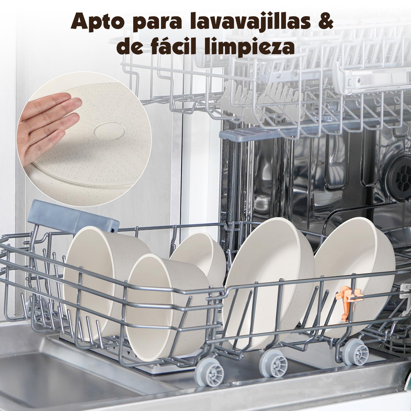 YASHE Batería de Cocina 21 Piezas, Antiadherente, con Mangos Desmontables y Tapas de Vidrio, Compatible con Inducción, Horno y Lavavajillas, Apilable, Blanca | Dos mangos extraíbles y sartén grill cuadrada; cuerpos aptos para horno, apilables y compatible