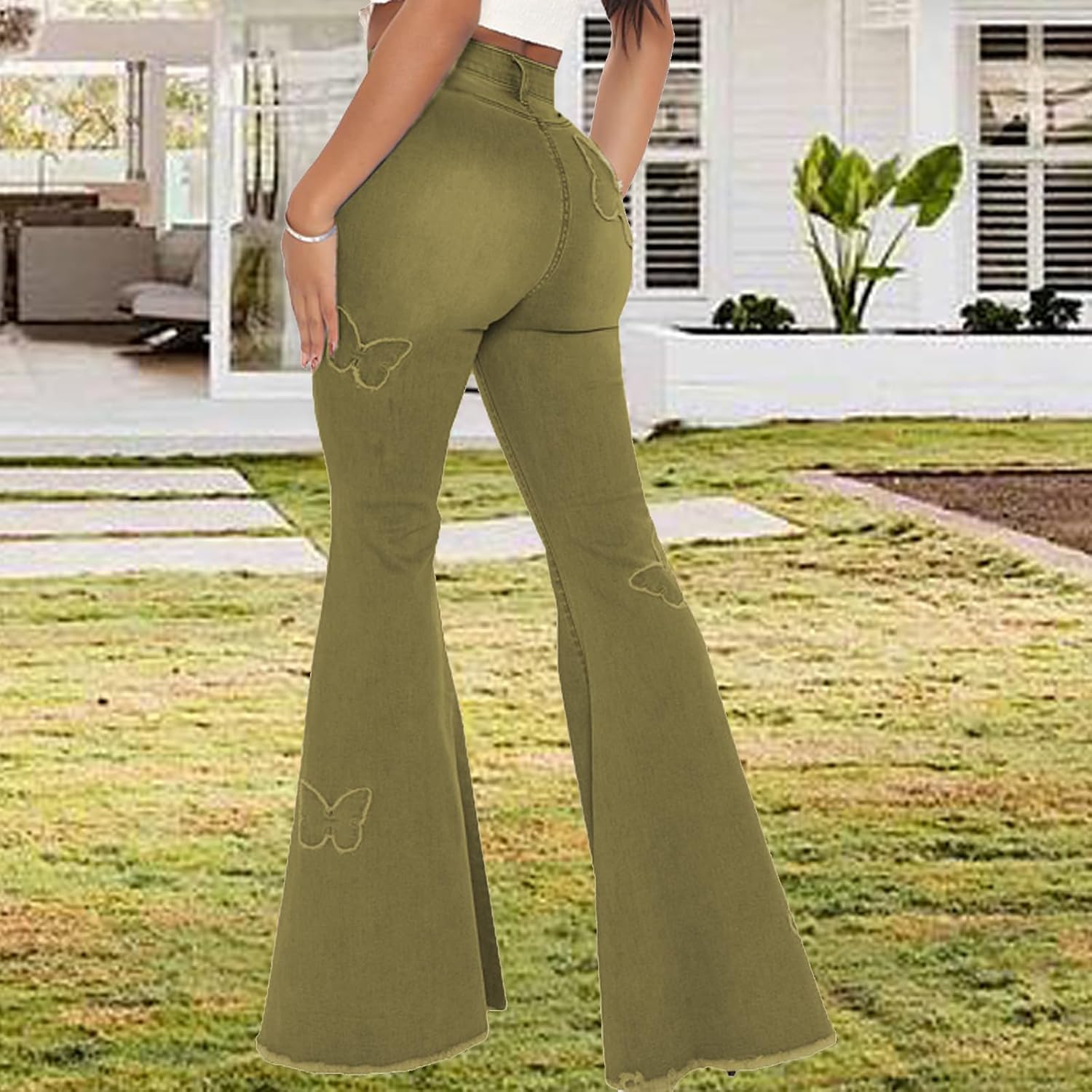 Women's Butterfly Bell Bottom Jeans Elastic High Waisted Embroidered Classic Flareed Jeans Raw Hem Denim Pants with Pocket - Image 2