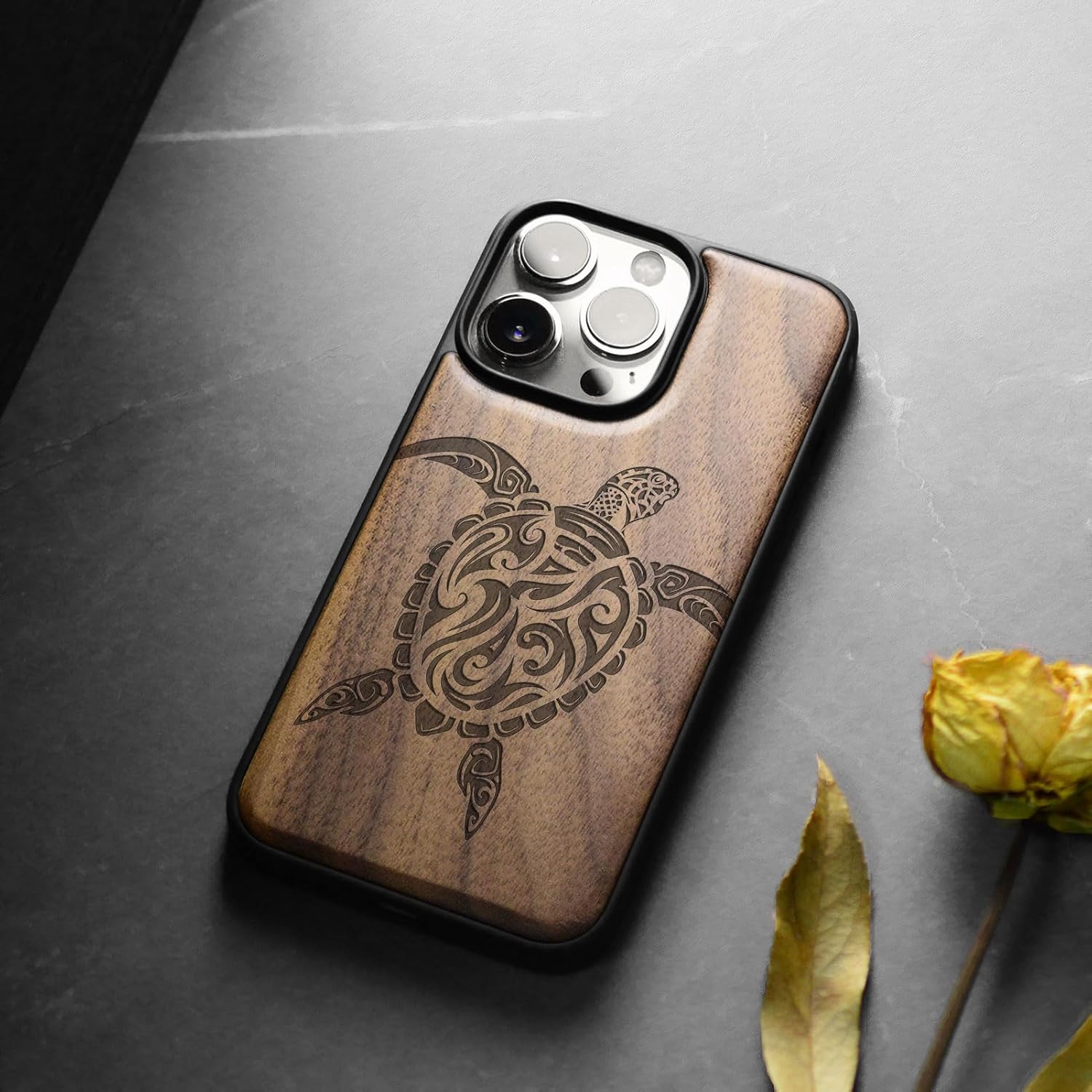 Carveit Magnetic Wooden Case for iPhone 15 Pro Max Case, Compatible with MagSafe Wireless Chargers, TPU Shockproof Cover & Wood Artisan Engraved (Maori Ethnic Style Turtle Design) - Walnut