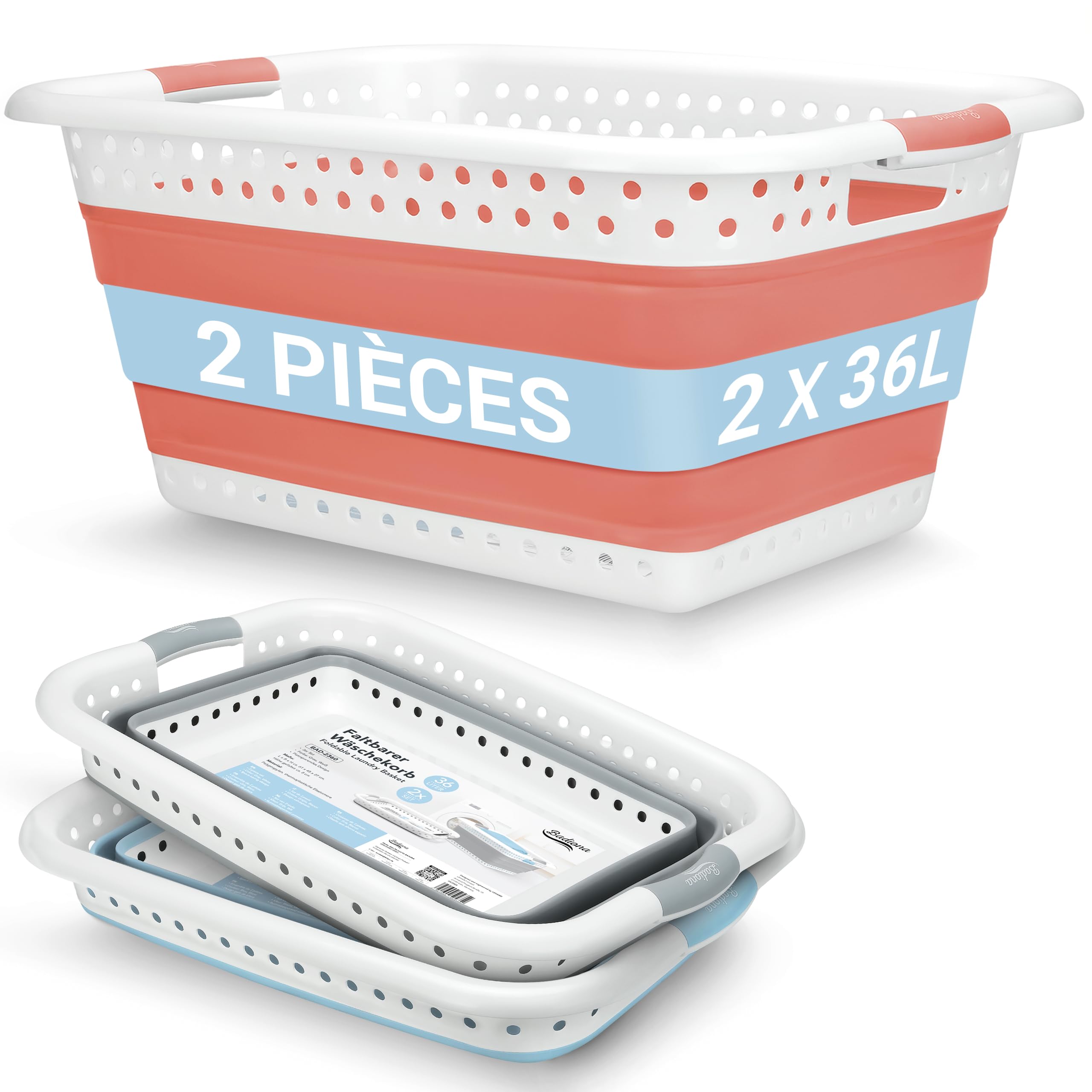 Lot de 2 Panier a linge pliable plastique - 2x 36 litres & Usage universel I Paniers à linge pliables I Bassine linge retractable I Paniere retractable Laundry basket Panière pliante Corbeille