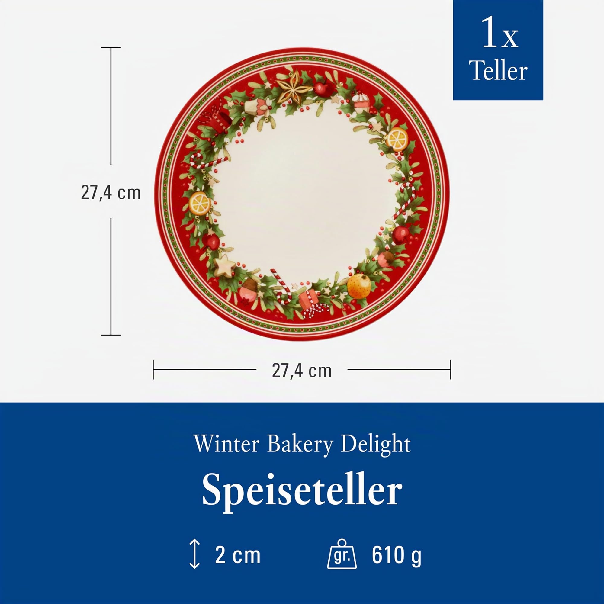 Villeroy & Boch - Winter Bakery Delight Speiseteller 27,5 cm Rot, Spülmaschinenfest, Mikrowellensicher, Weihnachtsgeschirr, Teller zum Servieren von Hauptgerichten, Weihnachten, Premium Porzellan