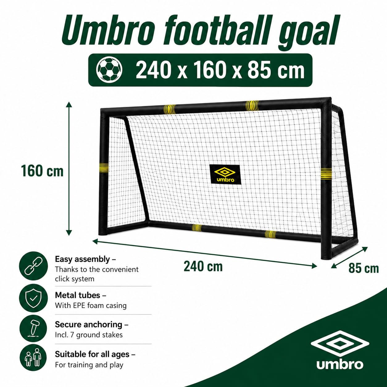Umbro Bramka do piłki nożnej – bramka do piłki nożnej 240 x 160 x 8 cm – bramka do piłki nożnej – bramka do piłki nożnej do ogrodu, dla dzieci i dorosłych – akcesoria treningowe do użytku wewnątrz i