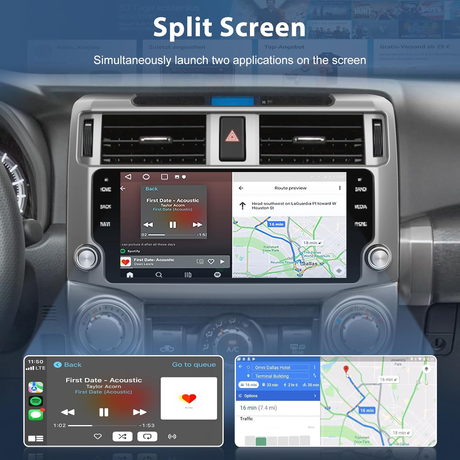 Junsun head unit displaying two applications side-by-side in split screen mode