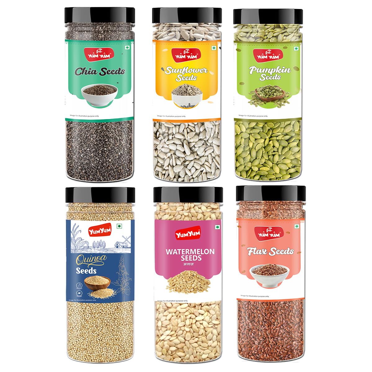 YUM YUM Seeds Jar Combo - Roasted Seeds Mix (Chia, Sunflower, Pumpkin, Flax, Quinoa & Watermelon) - 1.2 kg (Pack of 6, 200g Each) - Diet Snacks | Edible Seeds