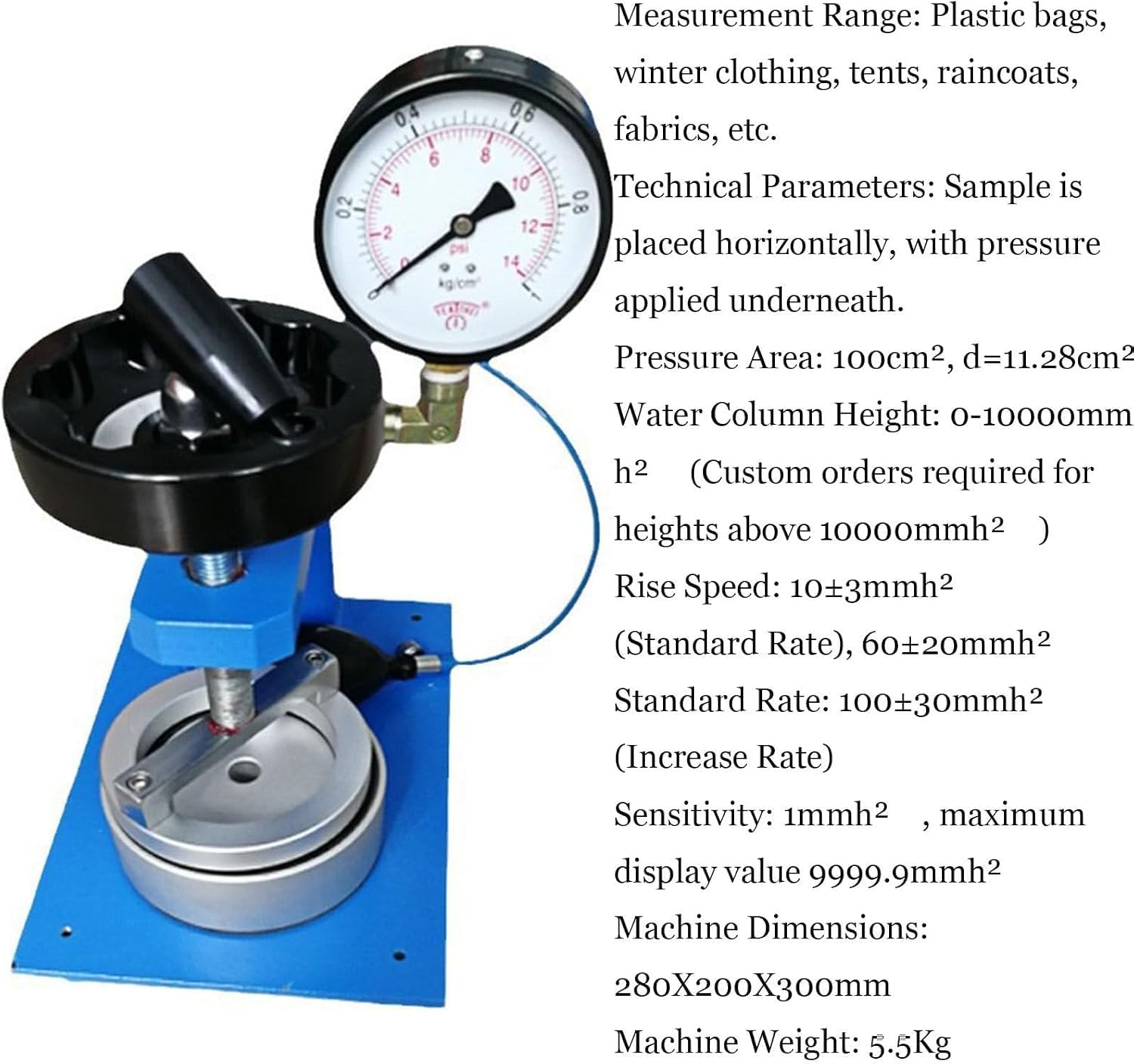 Hydrostatischer Druckprüfer, Textil-wasserdichtigkeitsprüfgerät Mit Druckkugel Aus Gummi, 0–20.000 Mm Wassersäule, Zeigeranzeige, Für Zelt- Und Regenmantelstoffe 5000mm