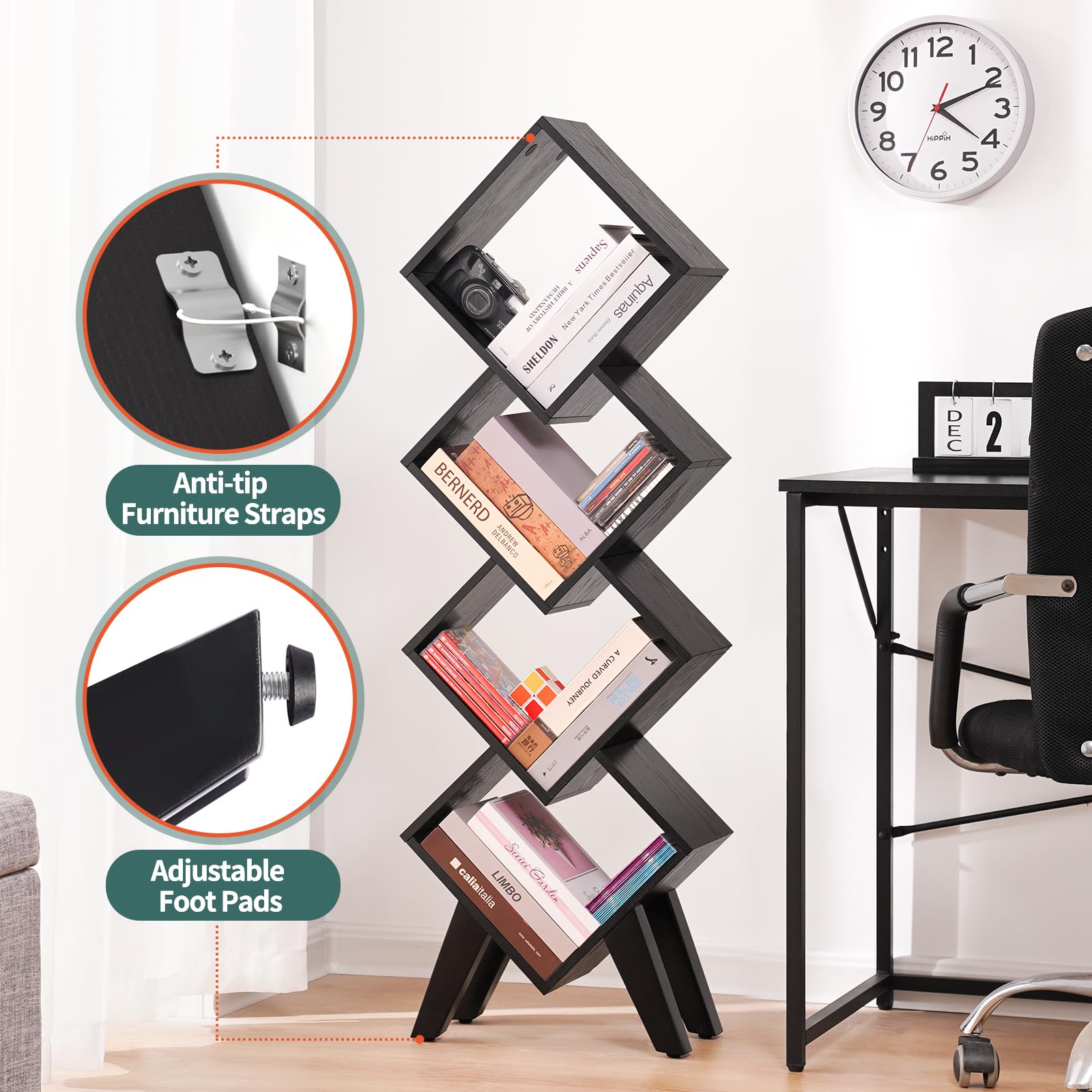 Snapklik.com : Black Bookshelf - Small Book Shelf, 4-Tier Tall ...